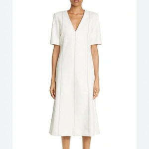 MARIA MCMANUS Topstitch Detail V-neck Midi Dress In Ivory Size 2
